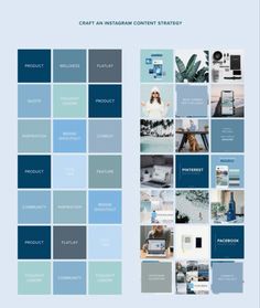 a blue and white brochure with many different images on it, including the words craft an instagram content strategy