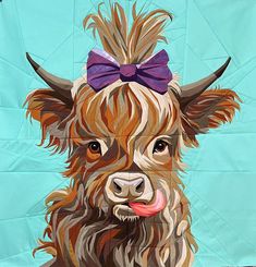 a painting of a cow with a purple bow on it's head and long hair