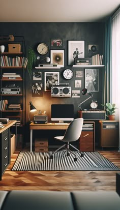 a home office with black walls and wooden floors