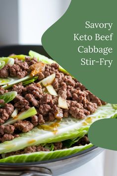 Savory keto beef and cabbage stir-fry with garlic, served in a pan.