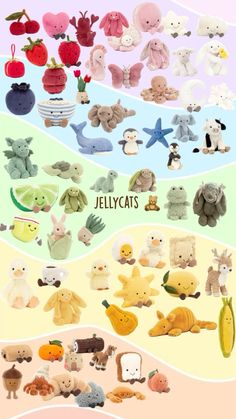 the poster shows different types of stuffed animals and their names on it's sides