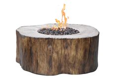 an outdoor fire pit made out of wood and logs with flames coming from the top