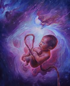 a painting of a baby holding a stick in the air with purple and blue swirls