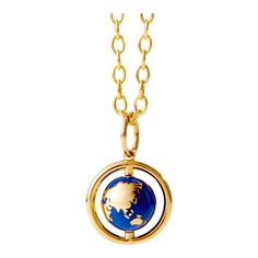 Syna Yellow Gold Small Rotating Earth Pendant with Lapis Enamel | Chairish Yellow Gold Enamel Medallion Necklace, Gold Enamel Jewelry With Detachable Pendant, Gold Enamel Round Pendant Necklace, Gold Enamel Necklace With Detachable Pendant, Gold Enamel Necklaces With Detachable Pendant, Yellow Gold Enamel Jewelry With Adjustable Chain, Yellow Gold Necklaces With Polished Enamel Finish, Luxury Gold Enamel Necklace, Gold Enamel Necklace With Cable Chain