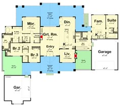 the floor plan for this modern home shows two garages and three living areas, with separate