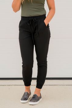 Cute and comfy, what more can you ask for? Joggers are perfect for quick, casual, stylish outfits! Pair these joggers with any sweatshirt and your favorite casual shoes. 70% Rayon 26% Nylon 4% Spandex Contrast: 95% Cotton 5% Spandex Hand wash cold. Do not bleach. Line dry. Iron warm if necessary Inseam: 27 inches Non-stretch Casual Joggers With Pockets, Comfortable Ankle-length Joggers With Pockets, High-waist Joggers With Pockets For Loungewear, Black Moisture-wicking Comfort Stretch Joggers, Black 4-way Stretch Joggers With Pockets, Boutique Shop, Drawstring Waist, Casual Shoes, Stylish Outfits