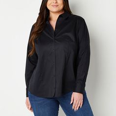 This classic Liz Claiborne long-sleeve button-down from its women's plus collection is an essential tailored piece to have in your wardrobe for work or elevated weekend looks. Cut from cotton-poplin for a loose-fit, this shirt has long cuffed sleeves and a spread collar. Balance its silhouette with slim-fitting pants, a pencil skirt, or jeans.Features: Stretch Fabric, Wrinkle Free, EssentialsClosure Type: ButtonFit: Regular FitNeckline: Collar NeckSleeve Length: Long SleeveSleeve Style: Vent Sle Fitting Pants, Button Front Shirt, Wrinkle Free, Cuff Sleeves, Liz Claiborne, Cotton Poplin, Women Long Sleeve, Black Shirt, Stretch Fabric