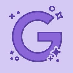 the letter g is surrounded by stars and circles on a purple background with white dots