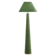 a green floor lamp with a gold base and shade on the top, in front of a white background