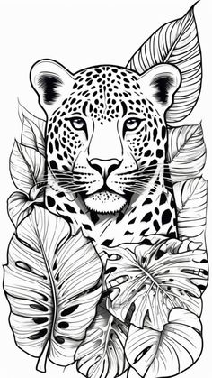 a black and white drawing of a leopard surrounded by leaves