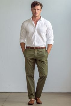 Classic White Shirt and Olive Green Pants Men Outfit Green Shirt, White Shirt And Olive Green Pants Men, Chino Wedding Outfit Men, White Shirt Green Pants Men, Men Olive Green Pants Outfit, Men Olive Pants Outfit, Men’s Green Pants, Olive Trousers Outfit Men, Olive Green Men Outfit