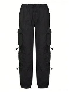 Check out this amazing Flap Pocket Side Drawstring Waist Cargo Pant - the perfect blend of style and functionality. Made with polyester and cotton blends, these pants are durable and comfortable, ensuring they will last you for years to come. With a high waistline and loose fit, they provide a comfortable and relaxed look, while the fringe and drawstring details add a touch of casual elegance. Specification: Style: Casual Type: Cargo Pants Details: Drawstring, Fringe Waist Line: High Waist Lengt Versatile Black Bottoms With Functional Drawstring, Black Cotton Parachute Pants With Drawstring, Black Techwear Bottoms With Drawstring, Black Pants With Functional Drawstring For Streetwear, Solid Pants With Drawstring For Streetwear, Functional Cotton Bottoms With Drawstring, Black Nylon Cargo Pants With Drawstring, Black Parachute Pants With Functional Drawstring For Streetwear, Black Pants With Drawstring For Streetwear