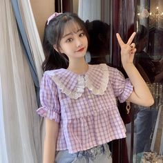 Purple Plaid Vintage-Style Cropped Dolly Blouse with Peter Pan Collar and Short Puff Sleeve, ruffled collar, vintage buttons through front. S Length:42cm Bust:92cm M Length:44cm Bust:94cm L Length:46m Bust:96cm Casual Purple Collared Top, Cute Purple Top With Ruffles, Purple Tops With Ruffles And Ruffled Collar, Vintage Purple Tops With Buttons, Purple Ruffled Collar Blouse With Ruffles, Purple Blouse With Ruffled Collar, Lavender Short Sleeve Tops With Ruffles, Feminine Purple Blouse With Ruffles, Feminine Purple Blouse With Short Sleeves