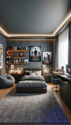 a bedroom with gray walls and wooden floors