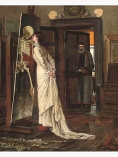 a painting of a man and woman standing in front of an open door, looking at each other