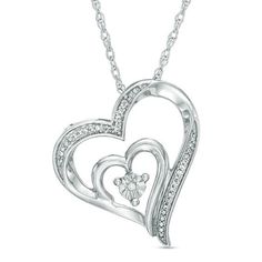 A thoughtful gift for the one you love, this meaningful pendant honors her greatly. Crafted in sterling silver, this romantic design showcases a pair of heart-shaped outlines - the smallest featured at the center, fashioned in polished 10K rose gold and adorned with an artfully set diamond accent. Pavé-set diamond accents line the outer frame to finish the style. Buffed to a brilliant luster, this pendant suspends slightly askew along an 18.0-inch rope chain that secures with a spring-ring clasp Silver Heart Detail Jewelry For Mother's Day, Double Heart Diamond Accents Necklace For Anniversary, Double Heart Diamond Necklace For Anniversary, Elegant Silver Heart Necklace With Hallmark, White Gold Double Heart Necklace With Birthstone, White Gold Double Heart Jewelry For Anniversary, Anniversary Gift White Gold Heart Pendant Necklace, Anniversary Sterling Silver Heart Necklace In White Gold, Elegant Double Heart Necklace With Hallmark