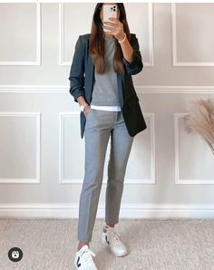 Casual Court Outfit Simple, Womens Suits With Tennis Shoes, Gray Work Outfits Women, Athletic Business Outfit, Gray Pant Work Outfit, Sneaker Professional Outfit, Comfy Business Casual Outfits Work, Grey Ankle Pants Outfit, Grey Pant Outfits Women