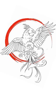 a drawing of a bird flying in the air with its wings spread out and red circle around