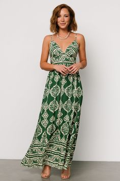 Davinah V Neck Maxi Dress | Green Print - Baltic Born Colorful Beach Dress, Beach Vacation Dresses For Women, Dark Green Dress Casual, Vacation Dress Outfits, Sun Dresses For Summer, Boho Dresses Summer, Beach Vacation Dresses, Vacation Dresses Beach, Flowy Maxi Skirt