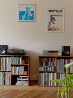 there are two bookshelves with various records on them in front of the wall