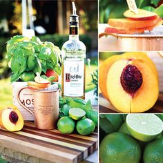 there are pictures of different fruits and drinks on the table with lemons, limes, watermelon, gin