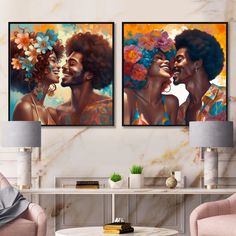 two paintings on the wall of a living room