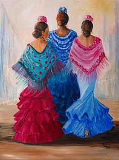 three women in colorful dresses are standing together