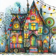 a drawing of a colorful house with lots of windows and lights on the outside, surrounded by plants