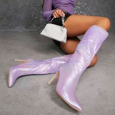 Light Purple Metallic Pointy Toe Stiletto Heeled Boots Side Zipper Upper Material: Pu Leather Lining Material: Fabric Insole Material: Pu Leather Outsole Material: Rubber Purple Heeled Boots For Winter Party, Purple Heeled Boots For Fall Party, Chic Purple Pointed Toe Boots, Purple Boots For Night Out, Chic Purple Boots For Night Out, Purple Pointed Toe Evening Boots, Elegant Purple Boots For Spring, Elegant Purple Spring Boots, Purple Fitted Pointed Toe Boots