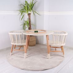 two chairs and a table with a potted plant in the corner next to it