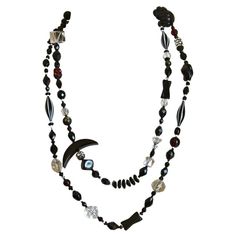 Unique Czech crystal and black glass Art Deco Sautoir necklace dating to the 1920's. Length is 54" end to end. Deep garnet accent beads. Silver clasp with black cabochon stone. Very good condition. Bright Young Things, Necklace Length Chart, Czech Glass Jewelry, Necklace With Name, Beautiful Pearl Necklace, Black Pearl Necklace, Pearl And Diamond Necklace, Czech Art, Glas Art