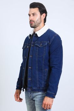 SIZE CHART Measurements: Model is wearing size Medium. A stylish and versatile denim jacket that is perfect for the colder months. The faux shearling lining keeps you warm and cozy, while the denim exterior is durable and stylish. This jacket features a long-sleeve design with a button placket and two buttoned pockets on the chest. It also has two hand pockets and cuffs with buttons. The jacket is made of denim and has a shearling-lined collar. The jacket is perfect for everyday wear and can be Denim Jacket With Faux Fur Lining And Long Sleeves, Denim Jacket With Faux Fur Lining, Long Sleeve Denim Jacket With Faux Fur Lining, Winter Denim Jacket With Faux Fur Lining, Fall Denim Jacket With Faux Fur Lining, Casual Denim Jacket With Faux Fur Lining For Winter, Casual Denim Outerwear With Faux Fur Lining, Winter Dark Wash Denim Jacket, Casual Denim Jacket With Corduroy Collar