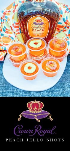 an advertisement for crown royal peach jelly shots on a white plate with orange and blue designs