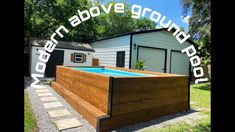 an above ground swimming pool with steps leading up to it and the words above it