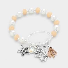 Beautiful Peach, White And Silver Beaded Bracelet Dazzled With Beach Themed Charms. Stretch Style Fits Wrist 7 To 7.5” Perfectly. Brand New With Tag. Check Out Our Other Beach Theme Jewelry, Save On Shipping Create A Bundle. Starfish Charm Bracelets For Beach Season, Silver Beaded Stretch Bracelet For The Beach, Beach Theme Jewelry, Beach Mermaid, Silver Beaded Bracelet, Beach Theme, Beach Themed, Boutique Jewelry, Womens Jewelry Bracelets