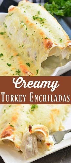 creamy turkey enchiladas on a white plate