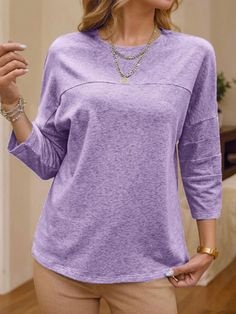 Women's Round Neck Three-Quarter Sleeve Basic Casual Top Purple Casual  Long Sleeve Knitted Fabric   Slight Stretch All Women Clothing, size features are:Bust: ,Length: ,Sleeve Length: Purple Stretch Casual Sweatshirt, Casual Purple Crew Neck T-shirt, Purple Long Sleeve Winter T-shirt, Cheap Lavender Women's T-shirt, Casual Purple Blouse 3/4 Sleeve, Knitted Tshirt, Casual Top, Three Quarter Sleeves, Quarter Sleeve