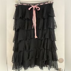 Betseyville By Betsey Johnson Black Tiered Silk Skirt. Adjustable Waist. Use Pink Ribbon For A Tighter Or Looser Fit. Fully Lined. Can Also Be Worn As A Dress! Special Piece. Size 6. Betsy Johnson, Silk Skirt, Tier Skirt, Tiered Skirt, Pink Ribbon, Black Silk, Betsey Johnson, A Dress, Feathers