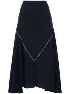 navy blue virgin wool interlock twill weave dart detailing contrast stitching high waist concealed side zip fastening front and rear slits asymmetric hem mid-length partial lining Asymmetric Skirt, Yoko London, City Dress, Twill Weave, Asymmetrical Skirt, Summer Beach Wear, Lady Dior, Coat Dress, Asymmetric Hem