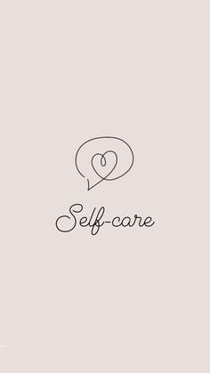 the word self care is written in black ink on a light gray background with a small heart