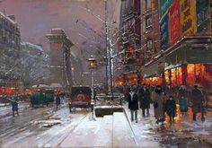 a painting of people walking in the snow on a city street with buildings and traffic lights