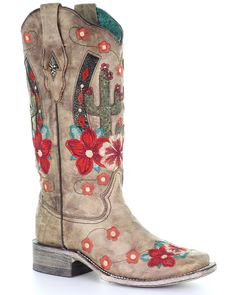 Corral Women's Cactus Floral Embroidery Overlay Western Boots - Narrow Square Toe, Taupe Cactus Boots, Mid High Boots, Tassel Heels, Shop Boots Online, Womens Cowgirl Boots, Taupe Boots, Tassel Shoes, Corral Boots, Boots Square Toe