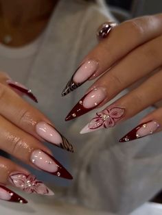 Cute Japanese Nails, Chinese New Year Nails, Copper Nails Designs, Long Nails Almond, Nails Long Almond, Almond Acrylic Nails Designs, Shiny Nails Designs, Long Almond Nails, 3d Flower Nails