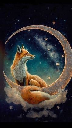 a painting of a fox sitting on top of a moon with stars in the sky