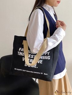 Bird in Bag - Simple Canvas Shoulder Bag Korean Version Large Capacity Tote Bag for School and Everyday Use Tote Bag For School, Tote Bags For School, Bag For School, Letter Bag, Canvas Shoulder Bag, Shoulder Tote Bag, Bird In Bag, Shoulder Tote, Black Pattern