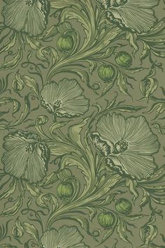 a green wallpaper with flowers and leaves on it