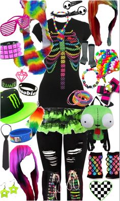 Dark Kidcore Outfit, Scene Inspired Outfits, Scene Core Clothes, Scene Outfits Colorful, Scenecore Outfit Ideas, Where To Get Scene Clothes, Colorful Emo Outfits, Emo Outfit Board, Scenmo Outfits