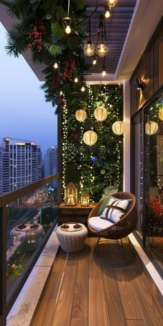 the balcony is decorated with lights and greenery