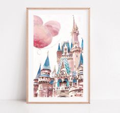 a watercolor painting of a castle with pink balloons in front of it on a white wall