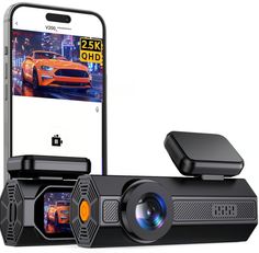 an image of a car dvr camera next to a phone with the screen on it